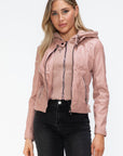 Snobbish Faux Leather Zip Up Drawstring Hooded Jacket