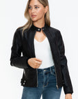 Snobbish Faux Leather Biker Jacket with Side Zip Pockets