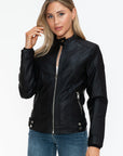 Snobbish Faux Leather Biker Jacket with Side Zip Pockets