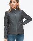 Snobbish Faux Leather Biker Jacket with Side Zip Pockets