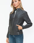 Snobbish Faux Leather Biker Jacket with Side Zip Pockets