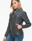 Snobbish Faux Leather Biker Jacket with Side Zip Pockets