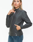 Snobbish Faux Leather Biker Jacket with Side Zip Pockets