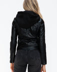 Snobbish Faux Leather Zip Up Drawstring Hooded Jacket