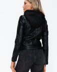 Snobbish Faux Leather Zip Up Drawstring Hooded Jacket