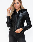 Snobbish Faux Leather Zip Up Drawstring Hooded Jacket