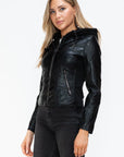 Snobbish Faux Leather Zip Up Drawstring Hooded Jacket