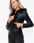 Snobbish Faux Leather Zip Up Drawstring Hooded Jacket