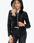 Snobbish Faux Leather Zip Up Drawstring Hooded Jacket