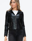 Snobbish Faux Leather Zip Up Drawstring Hooded Jacket