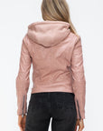 Snobbish Faux Leather Zip Up Drawstring Hooded Jacket