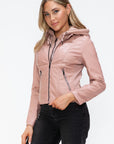 Snobbish Faux Leather Zip Up Drawstring Hooded Jacket