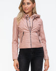 Snobbish Faux Leather Zip Up Drawstring Hooded Jacket