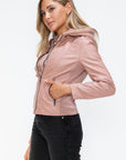 Snobbish Faux Leather Zip Up Drawstring Hooded Jacket