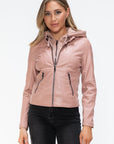 Snobbish Faux Leather Zip Up Drawstring Hooded Jacket