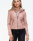 Snobbish Faux Leather Zip Up Drawstring Hooded Jacket