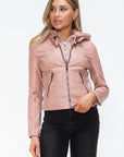 Snobbish Faux Leather Zip Up Drawstring Hooded Jacket