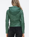 Snobbish Faux Leather Zip Up Drawstring Hooded Jacket