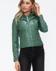 Snobbish Faux Leather Zip Up Drawstring Hooded Jacket