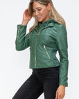 Snobbish Faux Leather Zip Up Drawstring Hooded Jacket