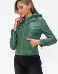 Snobbish Faux Leather Zip Up Drawstring Hooded Jacket