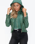 Snobbish Faux Leather Zip Up Drawstring Hooded Jacket