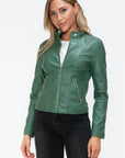 Snobbish Faux Leather Zip Up Drawstring Hooded Jacket