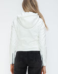 Snobbish Faux Leather Zip Up Drawstring Hooded Jacket