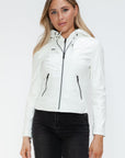 Snobbish Faux Leather Zip Up Drawstring Hooded Jacket