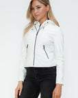 Snobbish Faux Leather Zip Up Drawstring Hooded Jacket