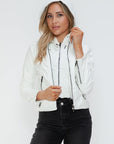 Snobbish Faux Leather Zip Up Drawstring Hooded Jacket