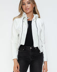 Snobbish Faux Leather Zip Up Drawstring Hooded Jacket