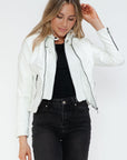 Snobbish Faux Leather Zip Up Drawstring Hooded Jacket