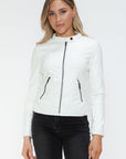 Snobbish Faux Leather Zip Up Drawstring Hooded Jacket