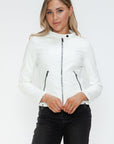 Snobbish Faux Leather Zip Up Drawstring Hooded Jacket