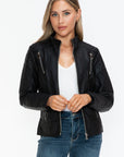 Snobbish Faux Leather Zip Up Mock Neck Jacket