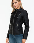 Snobbish Faux Leather Zip Up Mock Neck Jacket