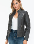 Snobbish Faux Leather Zip Up Mock Neck Jacket