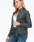 Snobbish Faux Leather Zip Up Mock Neck Jacket