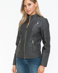 Snobbish Faux Leather Zip Up Mock Neck Jacket