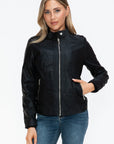 Snobbish PU Leather Biker Jacket with Side Zip Pockets