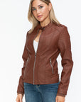 Snobbish PU Leather Biker Jacket with Side Zip Pockets