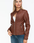 Snobbish PU Leather Biker Jacket with Side Zip Pockets