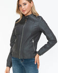 Snobbish PU Leather Biker Jacket with Side Zip Pockets