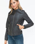 Snobbish PU Leather Biker Jacket with Side Zip Pockets