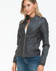 Snobbish PU Leather Biker Jacket with Side Zip Pockets