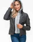 YMI Faux Layered Double-Zipper Jacket with Fuzzy Hood