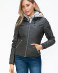 YMI Faux Layered Double-Zipper Jacket with Fuzzy Hood