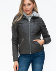 YMI Faux Layered Double-Zipper Jacket with Fuzzy Hood