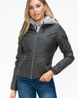 YMI Faux Layered Double-Zipper Jacket with Fuzzy Hood